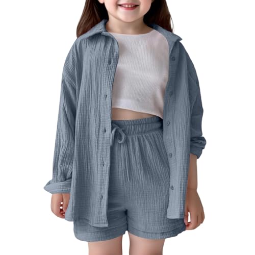Generisch Sommer Zweiteiler Mädchen Kinder Musselin Bluse Hemd Und Tunnelzug Shorts Zweiteiler Set Baumwolle Strand Outfits Baggy Einfarbig Freizeitanzug Langarm Hausanzug von Generisch