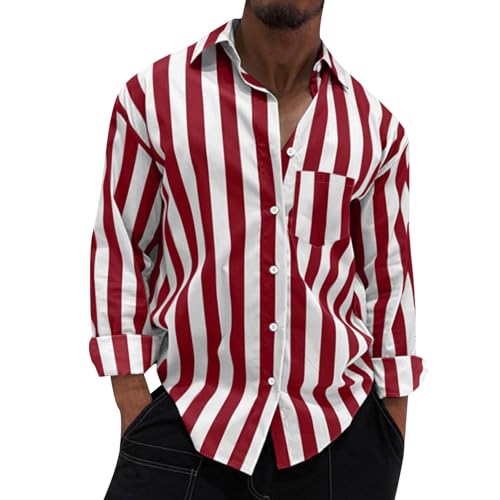 Generisch Sommerhemd Herren, Langarm Freizeithemd Regular Fit Gestreifte Business Oberhemd Button Down Herren Schwarz (5XL, Rot) von Generisch