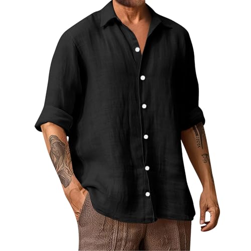 Generisch Sommerhemd Herren, Langarm Hemden Button Down Shirts Casual Freizeithemd Regular Fit Einfarbig Herren (3XL, Schwarz) von Generisch