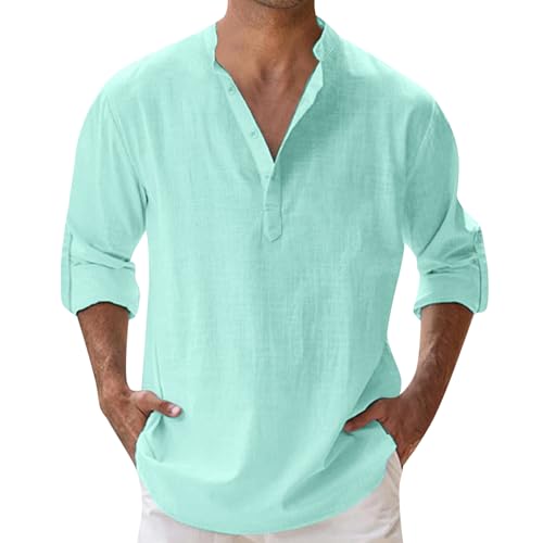 Generisch Sommerhemd Herren Langarm Leicht Und Luftig Bügelfrei Slim Fit Freizeithemd Sommer Lang Stehkragen Leinenhemd Schwarz Baumwolle 4XL Herrenhemden Casual mit Tasche Men Shirts von Generisch