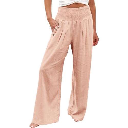 Generisch Sommerhose Damen Leicht Leinenhose Pumphose Freizeithose Palazzo Stoffhose Strandhose Baggy Leinen High Waist Hose Boho Kleidung Weite Sommer Marlenehose Linen Pants Hellrosa 3XL von Generisch