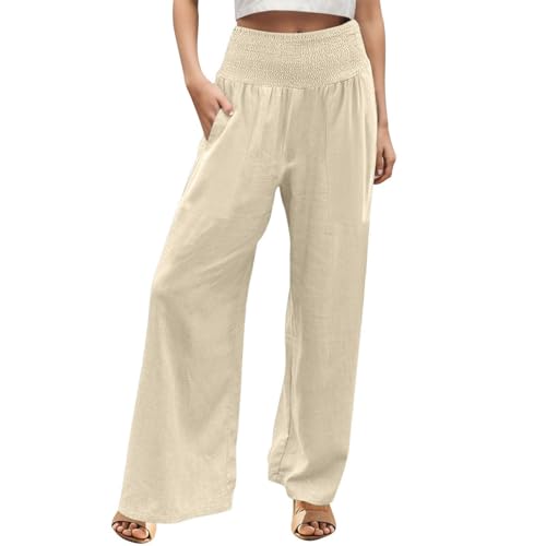 Generisch Sommerhose Damen Leicht Und Luftig Lang Leinenhose Damen Sommer Weites Bein High Waist Hosen Sommer Mit Gummibund Palazzo Hose Frauen Elegant Mit Taschen Luftige Sommerhosen Leicht Weit von Generisch