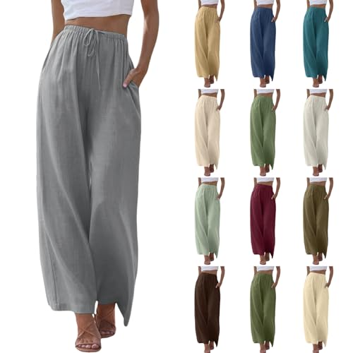 Generisch Sommerhose Damen Leinenhose Damen Lang Weite Hose mit Gummizug Leichte Strandhose Taschen Kordelzug Lang Yogahose Freizeithose Bequeme Luftig Schlupfhose Leinen Stoffhose von Generisch