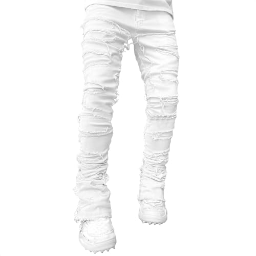 Generisch Sommerhose Herren, Jeans Komfort Regular Fit Destroyed Jeans Basic Denim Arbeitshose Jeans Herren Baggy Jeans Fit Lockere Stretch Jeans Weiß Bootcut Hosen Stylisch Stretch (L, Weiß) von Generisch