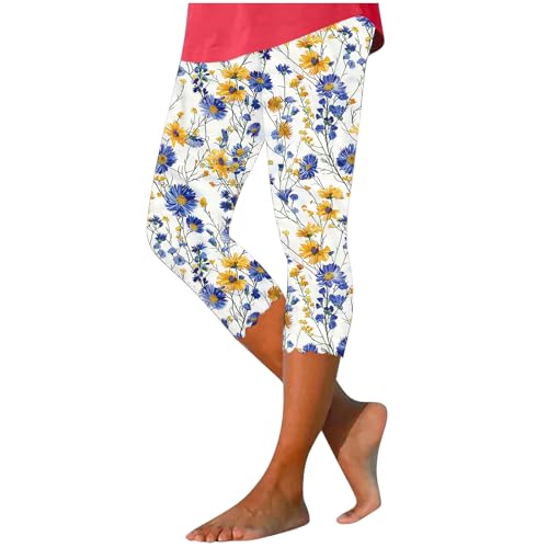 Generisch Sommerhosen Damen Leicht Und Luftig 3/4 Muster Hose High Waist Stretch Caprihose Slim Mit Blumenmuster Kurz Weite Strandhose Modische Lockere Freizeithose von Generisch