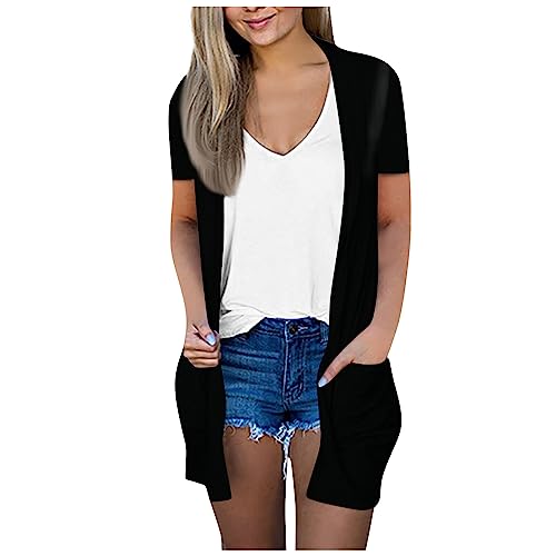 Generisch Sommerjacke Damen Leicht Strickweste Damen Leichte Sommerjacke Longblazer Damen Sommer Kurzarm Strickjacke Feinstrickjacke Damen Chiffon Jacke Kurzarm Jäckchen Bolero,Black,XXL von Generisch