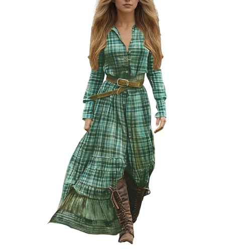 Generisch Sommerkleid Damen, Boho Kleid Damen Lang Vintage Rustikaler Stil V-Ausschnitt Kleid Kariert Knopfleiste Langarm Maxikleid Blusenkleid Retro Western Country Frühling Freizeitkleid Shirtkleid von Generisch