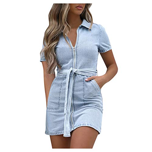 Generisch Sommerkleid Damen, Jeanskleid Damen Sommer Kurzarm Reißverschluss Kurz Enges Wickelkleid mit Gürtel Denim Bodycon Kleid Tunika Minikleid Slim Fit Sommerkleider Jeanskleider Freizeitkleid von Generisch