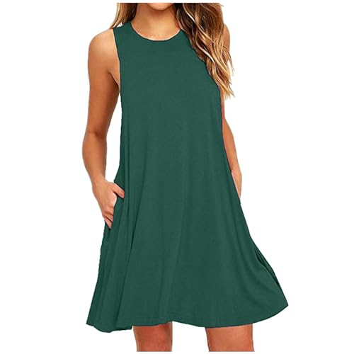 Generisch Sommerkleid Damen 2024 Elegant Kleider Ärmellos Rundhals Strandkleid Einfarbig Knielang Kleid Sommer Swing Freizeitkleid Lose Baumwolle Tankkleid Tshirt Kleid Outlet Angebote Grün M von Generisch