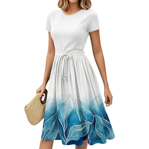 Generisch Sommerkleid Damen 2025 Kleider Knielang Ballkleider Elegant Kurzarm Strandkleid mit Rundhals und Print für Hochzeitsgast Kleid Hemdblusenkleid Elegante Lässige Mutter Tochter Kleidung One von Generisch