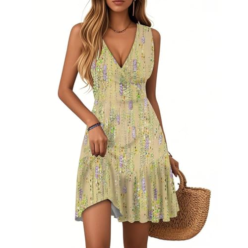 Generisch Sommerkleid Damen Ärmellos V-Ausschnitt Strandkleid Midi Blumen Knielang Leicht Kurz Kleid Casual Lässig Tank Freizeitkleid XXL Yellow 1 von Generisch