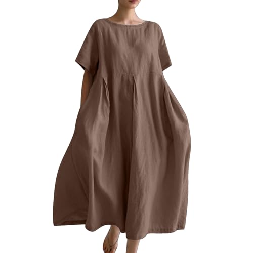 Generisch Sommerkleid Damen Basic Solide Kurzarm Leinenkleid Oversize Locker Maxikleid Damen Casual Rundhals T-Shirt Kleid Kurzärmliges A-Linien Kleider Strandkleid mit Taschen(D Braun,M) von Generisch