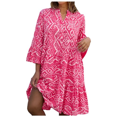Generisch Sommerkleid Damen Boho Elegant Bedrucken Kurz Urlaubskleid V-Ausschnitt 3/4 Arm Knielang Sommerkleid Damen Leicht und Luftig Kleider Lockere Casual Kleid mit Modische Bedrucken von Generisch