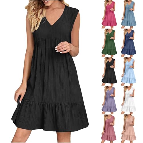 Generisch Sommerkleid Damen Elegant Kurz, Strandkleider Blusenkleid Ärmellos V-Ausschnitt Abendkleid Freizeitkleid Einfarbige Sommer Maxikleider Strandkleid Leicht Atmungsaktiv Damenkleider S-3XL von Generisch