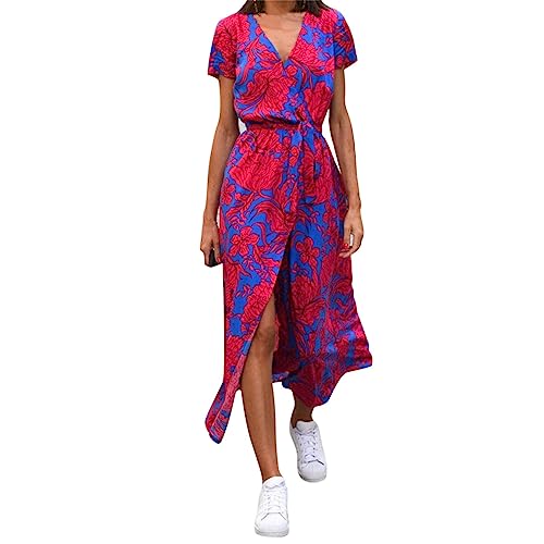Generisch Sommerkleid Damen Elegant Schulterfreies Ärmellos Maxi Kleider Strandkleid Wickelkleid Boho Blumen Drucken Loose Fit Partykleid Strandkleider Schlitz Freizeitkleid Lang Kleid(C Rot,S) von Generisch