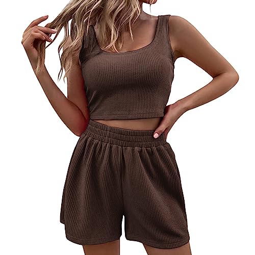 Generisch Sommerkleid Damen Elegant Zweiteiler Sommer Hosenanzug Elegant Outfits Kleidung 2 Teiler Set Crop Tank Top + Shorts Y2k Aesthetic Clothes Workout Sport Anzug c-Braun L von Generisch