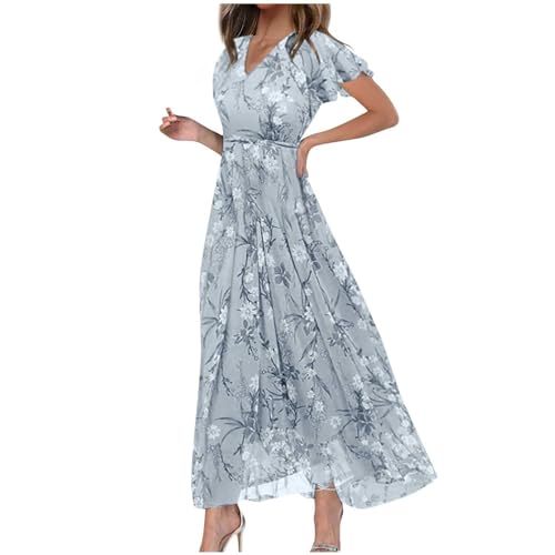Generisch Sommerkleid Damen Freizeit Blumen Drucken Strandkleider Elegant V-Ausschnitt Volant Ärmel Maxikleid Lange Freizeitkleider Wickelkleid Sommer Rüschensaum Strand Maxi Dress(A Grau,S) von Generisch