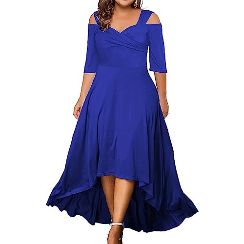 Generisch Sommerkleid Damen Große Größen Mollige Frauen A Linie Kleid Sommer V Ausschnitt Kurzarm Blumenkleid Lange Partykleid Boho Maxikleid Strandkleider Elegant Freizeitkleid(G Blau,5XL) von Generisch