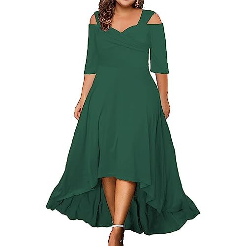 Generisch Sommerkleid Damen Große Größen Mollige Frauen A Linie Kleid Sommer V Ausschnitt Kurzarm Blumenkleid Lange Partykleid Boho Maxikleid Strandkleider Elegant Freizeitkleid(G Grün,3XL) von Generisch