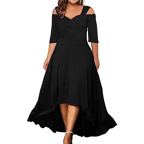 Generisch Sommerkleid Damen Große Größen Mollige Frauen A Linie Kleid Sommer V Ausschnitt Kurzarm Blumenkleid Lange Partykleid Boho Maxikleid Strandkleider Elegant Freizeitkleid(G Schwarz,5XL) von Generisch