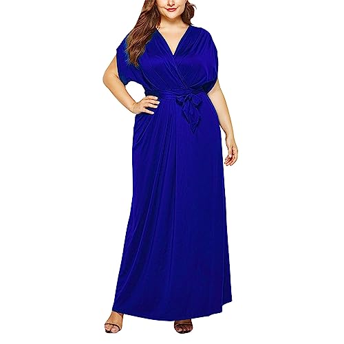 Generisch Sommerkleid Damen Große Größen Mollige Frauen A Linie Kleid Sommer V Ausschnitt Kurzarm Blumenkleid Lange Partykleid Boho Maxikleid Strandkleider Elegant Freizeitkleid(I BU2,4XL) von Generisch