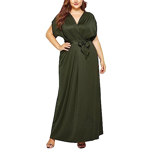 Generisch Sommerkleid Damen Große Größen Mollige Frauen A Linie Kleid Sommer V Ausschnitt Kurzarm Blumenkleid Lange Partykleid Boho Maxikleid Strandkleider Elegant Freizeitkleid(I Grün,3XL) von Generisch