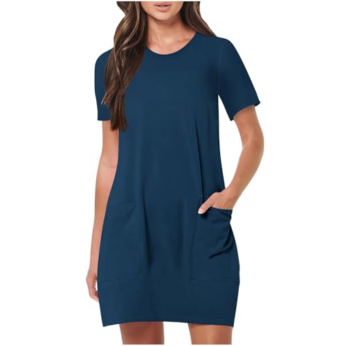 Generisch Sommerkleid Damen Kleid Kurz Elegant Freizeitkleid mit Taschen Blusenkleid Kurzarm Damenkleider Einfarbig Shirtkleid Casual Dress Women Sommer Freizeit Kleider für Frauen Marineblau XXL von Generisch
