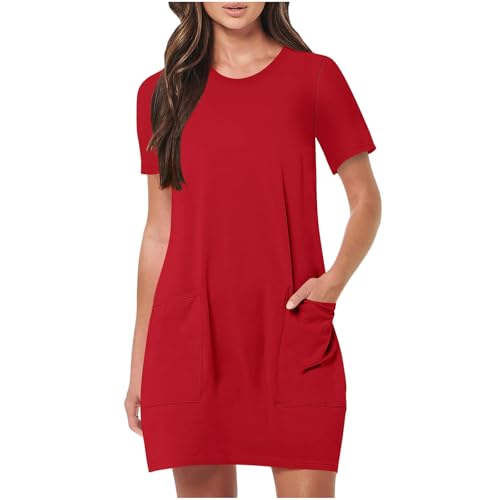 Generisch Sommerkleid Damen Kleid Kurz Elegant Freizeitkleid mit Taschen Blusenkleid Kurzarm Damenkleider Einfarbig Shirtkleid Casual Dress Women Sommer Freizeit Kleider für Frauen Rot L von Generisch