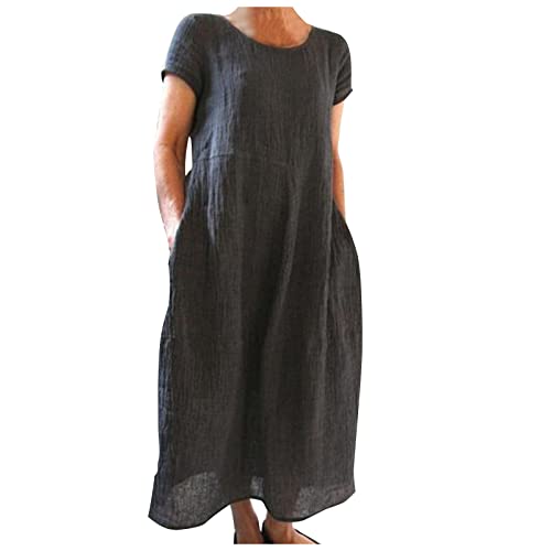 Generisch Sommerkleid Damen Kleider Sommer Casual Rundhalsausschnitt Kurzarm Freizeitkleid Strandkleider Boho Langes Kleid mit Taschen (05-Grey, XXL) von Generisch