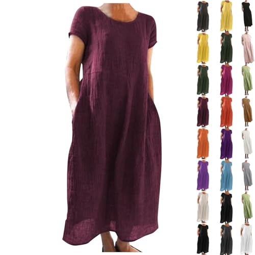 Generisch Sommerkleid Damen Kleider Sommer Casual Rundhalsausschnitt Kurzarm Freizeitkleid Strandkleider Boho Langes Kleid mit Taschen Leinenkleid Einfarbig Atmungsaktiv Lässiges Vintage Blusenkleid von Generisch