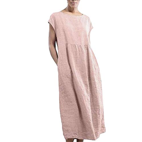 Generisch Sommerkleid Damen Kleider Sommer Casual Rundhalsausschnitt Kurzarm Freizeitkleid Strandkleider Boho Langes Kleid mit Taschen Leinenkleid Einfarbig Atmungsaktiv Lässiges Vintage Blusenkleid von Generisch