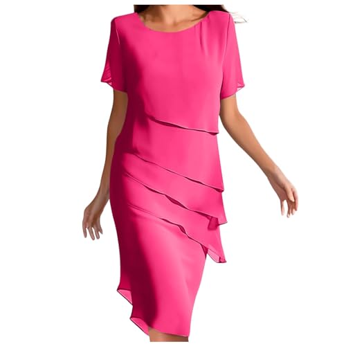 Generisch Sommerkleid Damen Knielang Chiffon Kleider Kurzarm Rundhals Mehrlagiges Midikleid Einfarbig Elegant Cocktail Party Chiffonkleid Hochzeit Midi Kleid Sommer Kaskadenkleid Freizeitkleid von Generisch