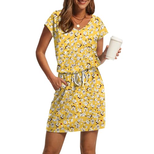 Generisch Sommerkleid Damen Knielang Hohe Taille Kurzarm Strandkleid Leicht V-Ausschnitt Sonnenkleider mit Kordelzug Luftiges Damenkleid Sommer Freizeitkleider mit Taschen 4#Gelb M Generisch Sommerkleid Damen Knielang Hohe Taille Kurzarm Strandkleid Leicht V-Ausschnitt Sonnenkleider mit Kordelzug Luftiges Damenkleid Sommer Freizeitkleider mit Taschen 4#Gelb M von Generisch