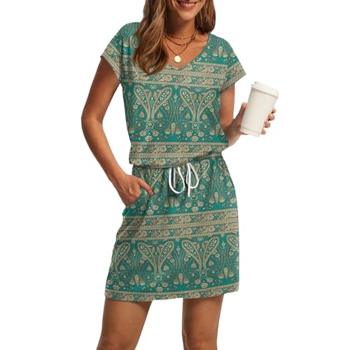 Generisch Sommerkleid Damen Knielang Hohe Taille Kurzarm Strandkleid Leicht V-Ausschnitt Sonnenkleider mit Kordelzug Luftiges Damenkleid Sommer Freizeitkleider mit Taschen 5#Grün XXL von Generisch