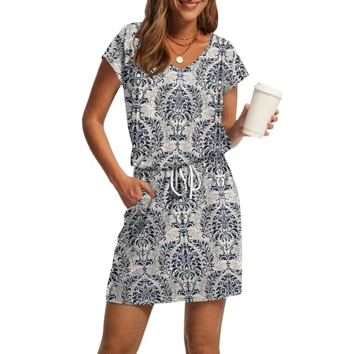 Generisch Sommerkleid Damen Knielang Hohe Taille Kurzarm Strandkleid Leicht V-Ausschnitt Sonnenkleider mit Kordelzug Luftiges Damenkleid Sommer Freizeitkleider mit Taschen 5#Khaki L von Generisch