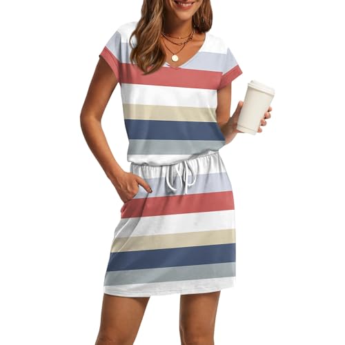 Generisch Sommerkleid Damen Knielang Hohe Taille Kurzarm Strandkleid Leicht V-Ausschnitt Sonnenkleider mit Kordelzug Luftiges Damenkleid Sommer Freizeitkleider mit Taschen 3#Weiß XXL von Generisch