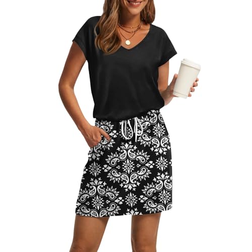 Generisch Sommerkleid Damen Knielang Hohe Taille Kurzarm Strandkleid Leicht V-Ausschnitt Sonnenkleider mit Kordelzug Luftiges Damenkleid Sommer Freizeitkleider mit Taschen 5#Schwarz L von Generisch