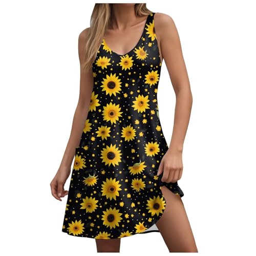 Generisch Sommerkleid Damen Kurz Ärmellos V-Ausschnitt Strandkleid mit Taschen Sonnenblume Drucken Boho Kleid Sommerkleider Leicht und Luftig Tank Kleider Sommer Strand Lässig Minikleid Freizeitkleid von Generisch