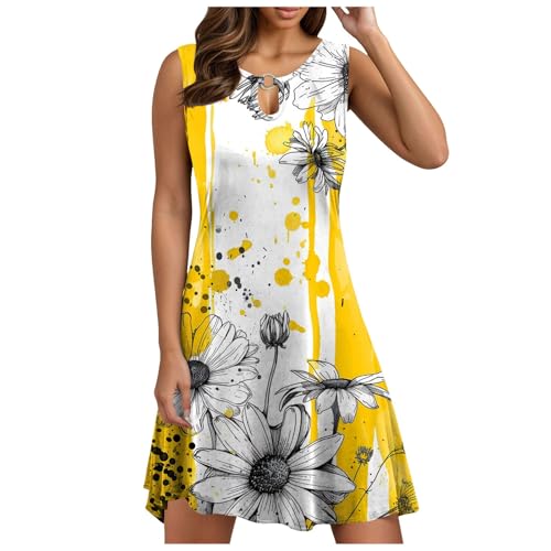 Generisch Sommerkleid Damen Kurz Ärmellos V-Ausschnitt Strandkleid mit Taschen Sonnenblume Drucken Boho Kleid Sommerkleider Leicht und Luftig Tank Kleider Sommer Strand Lässig Minikleid Freizeitkleid von Generisch