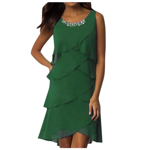 Generisch Sommerkleid Damen Kurz Chiffon Kleider Ärmellos Rundhals Rüschen Minikleid Mehrlagiges Elegant Cocktail Party Chiffonkleid Sommer Einfarbig Hochzeit Mini Kaskadenkleid Freizeitkleid von Generisch