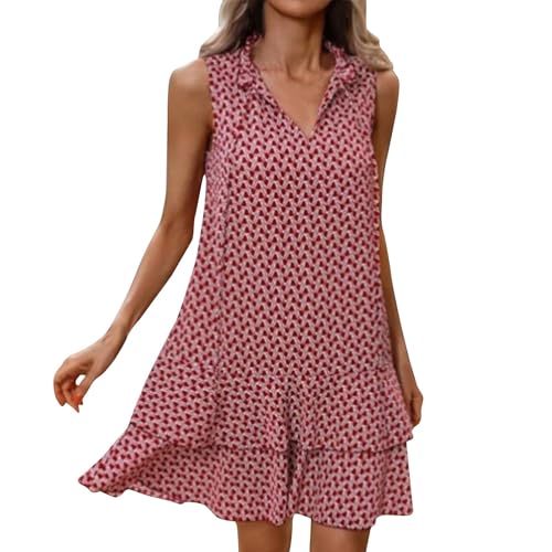 Generisch Sommerkleid Damen Kurz Leicht Kleid Damen Sommer Boho Kleid Elegant Ärmellos Kleider Doppellagig Volant Sommerkleider Damen Leicht Und Luftig Kleid Stehkragen Kordelausschnitt Strandkleid von Generisch