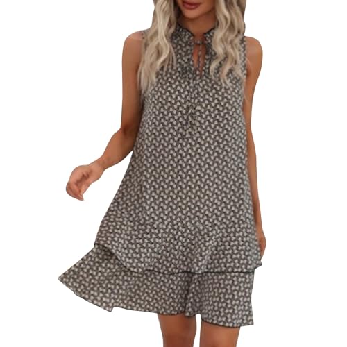 Generisch Sommerkleid Damen Kurz Leicht Kleid Damen Sommer Boho Kleid Elegant Ärmellos Kleider Doppellagig Volant Sommerkleider Damen Leicht Und Luftig Kleid Stehkragen Kordelausschnitt Strandkleid von Generisch
