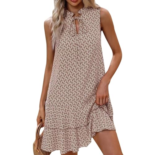 Generisch Sommerkleid Damen Kurz Leicht Kleid Damen Sommer Boho Kleid Elegant Ärmellos Kleider Doppellagig Volant Sommerkleider Damen Leicht Und Luftig Kleid Stehkragen Kordelausschnitt Strandkleid von Generisch