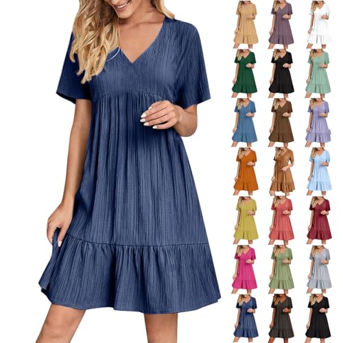 Generisch Sommerkleid Damen Kurz V Ausschnitt Kleid Leicht und Luftig Knielang Leinenkleid Strandkleid Elegante A Linie Hochzeitsgast Kleid Tunikakleid Freizeitkleid für Urlaub Alltag,01 Marine,3XL von Generisch