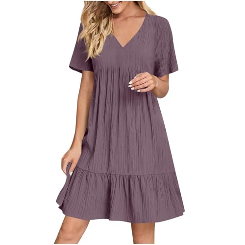 Generisch Sommerkleid Damen Kurz V Ausschnitt Kleid Leicht und Luftig Knielang Leinenkleid Strandkleid Elegante A Linie Hochzeitsgast Kleid Tunikakleid Freizeitkleid für Urlaub Alltag,18 Lila,M von Generisch
