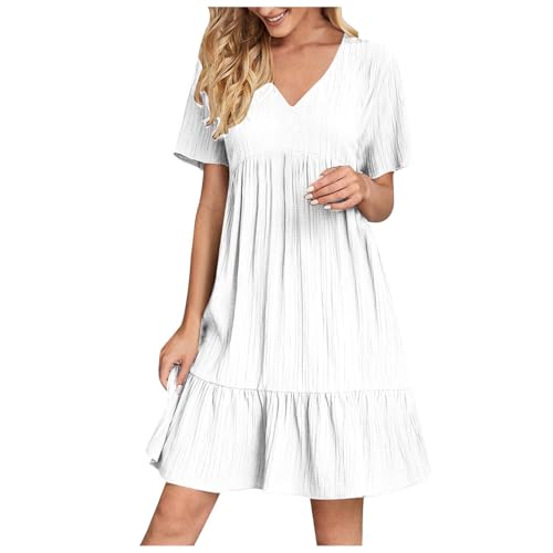 Generisch Sommerkleid Damen Kurzarm Kleid Elegant V-Ausschnitt Freizeitkleid mit Rüschen Lose Kleider Leichte Blusenkleid Einfarbig Dress Women Freizeit Damenkleider Sommer Weiß L von Generisch
