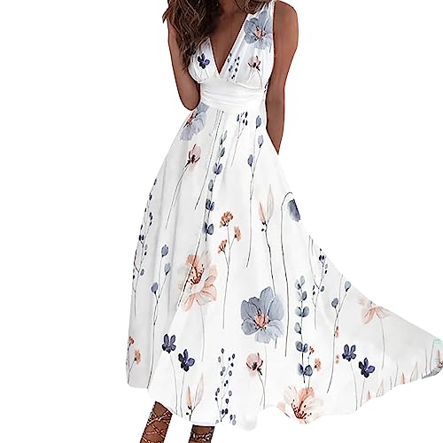 Generisch Sommerkleid Damen Lang Ärmellos V-Ausschnitt Maxikleider Blumen Boho Kleid Hohe Taille Swing Sommerkleider Strandkleid Leicht Lässiges Tunika Kleider Sommer Strand Blumenkleid Wickelkleid von Generisch