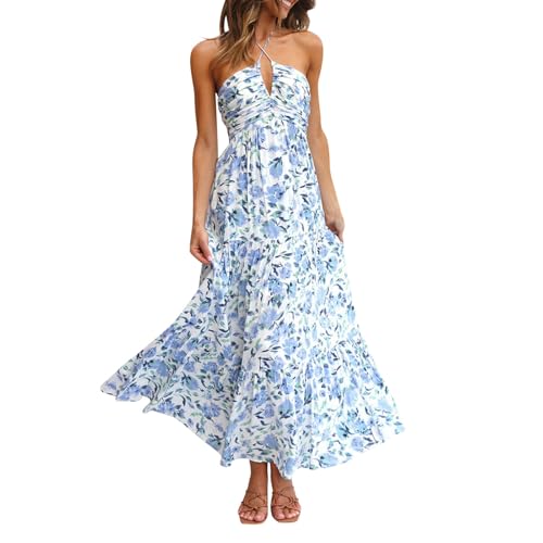 Generisch Sommerkleid Damen Lang Blumenkleid Maxikleid Sommer Neckholder Kleid ärmelloses Elegant Trachtenmode Freizeitkleid für Hochzeitsgäste von Generisch