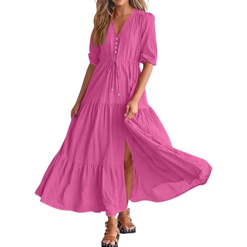 Generisch Sommerkleid Damen Lang Elegant Abendkleid mit Schlitz V Ausschnitt Maxikleid Halbarm Sommerkleider Damen Leicht Und Luftig Strandkleid Tailliert Damenkleider mit Knöpfen Pink XL von Generisch