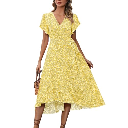 Generisch Sommerkleid Damen Lang Elegant Rüschen Wickelkleid Sommer Blumen Sommerkleider Kleider Kleid Baumwolle Damen weiß Schwarze schwarz ballettkleid von Generisch